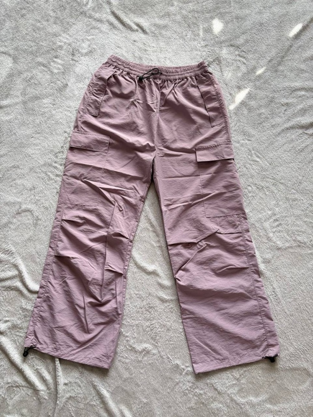 Women’s Pink Nylon Cargo Pants Wide Leg Parachute Utility Trousers